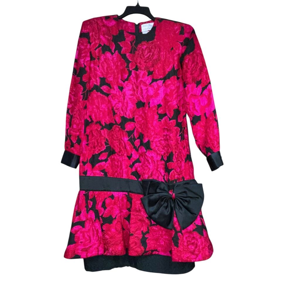 80's Vintage Rickie Freeman Hot Pink Floral Dress Drop Waist Black Bow size 8
